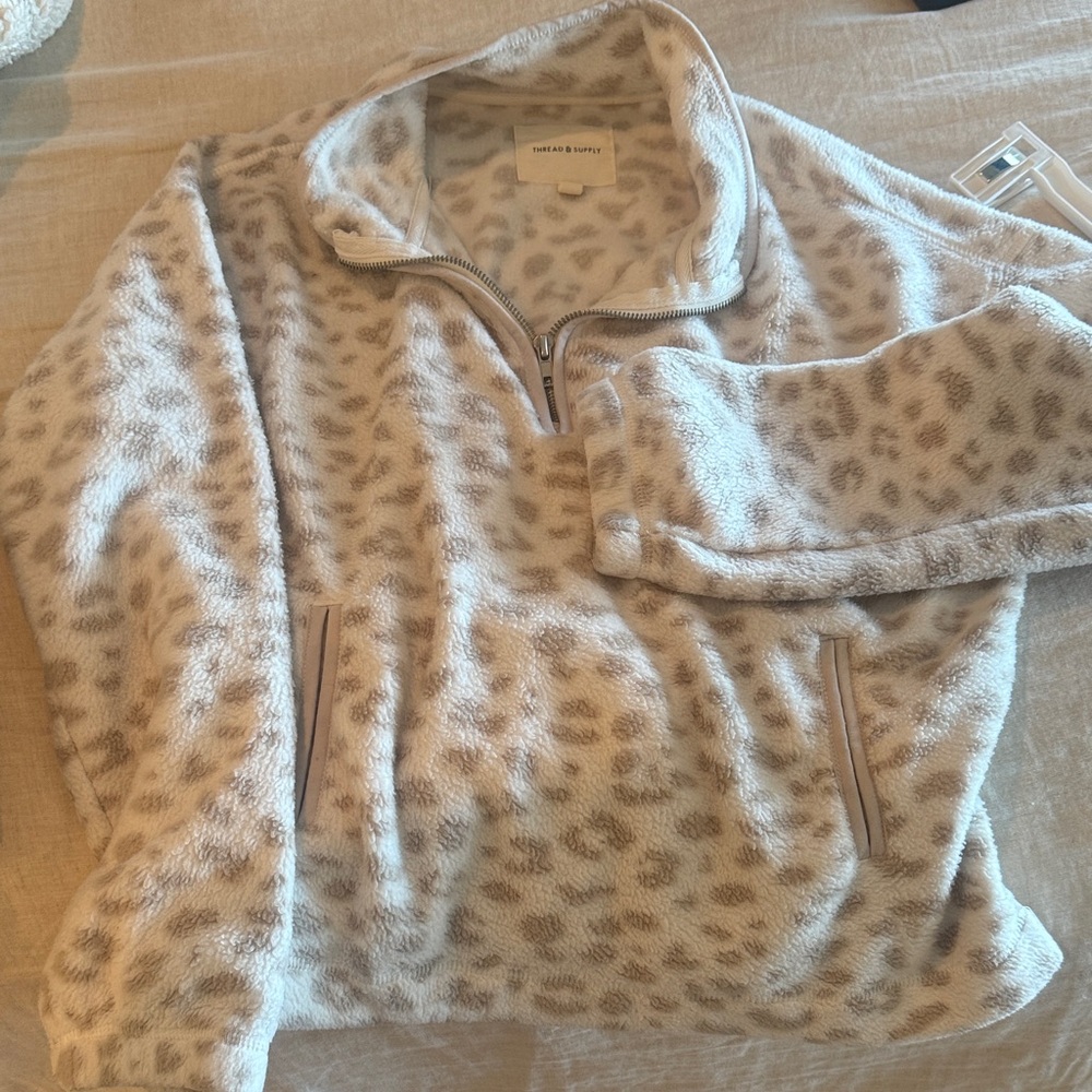 Thread & Supply Beige Leopard-Print Quarter-Zip Fleece Pullover
